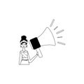 The girl is holding a bullhorn . hour concept . black and white analogue style. Trendy style, Vector Illustration Royalty Free Stock Photo