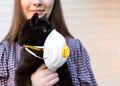 Girl Holding Cat in Hands. Cat wearing medical mask because of or air pollution or virus epidemic in the city. Place