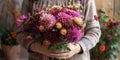 girl holding chrysanthemum flowers in her hands Royalty Free Stock Photo