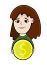 Girl holding a coin with dollar signs, vector illustration Royalty Free Stock Photo