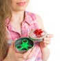 Girl holding a colourful hand fidget spinner toy in a gift box