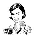 Girl holding a cup of coffee in her hand portrait retro sketch hand drawn engraved style Royalty Free Stock Photo