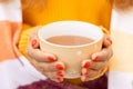 Hands of a young girl holding cup with hot tea Royalty Free Stock Photo