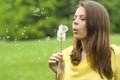 Girl holding dandelion on meadow in evening sunshi