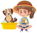 Girl holding dog shampoo product with cute dog on white background Royalty Free Stock Photo