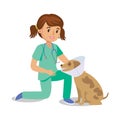 Girl holding dog. Vet girl, pet doctor. Cute cartoon girl