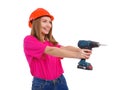 A girl is holding a drill on her extended arms on a white isolated background Royalty Free Stock Photo