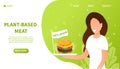Girl holding a Fake Meat Burger. Artificial Cultured meat Concept. Lab grown burger. Plant based beyond meat hamburger