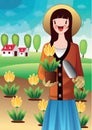 girl holding flower pot and trowel in hands. Vector illustration decorative design Royalty Free Stock Photo