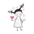 Girl Holding Flower Red Heart Shape Love Drawing Simple Line Royalty Free Stock Photo