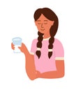 Girl holding a glass of milk in her hands. she is smiling. Favourite drink. Happy chilhood. Cartoon vector illustration isolated