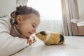 A girl holding a guinea pig in her arms, on a black background. a lot of joy and fun Royalty Free Stock Photo