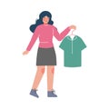 Girl Holding Hanger with Clean Clothes, Young Woman Doing Laundry at Home or Public Laundrette Flat Style Vector