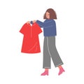 Girl Holding Hanger with Clean Clothes, Young Woman Doing Laundry at Home or Public Laundrette Flat Style Vector