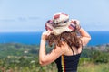 Girl Holding Hat Hilltop Wind Ocean Countryside