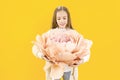 Girl holding a huge peony flower in her hands on a yellow background. Beautiful bud Royalty Free Stock Photo