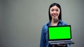 Girl holding laptop with green screen, crazy about discounts, shopping online