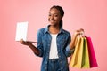 Girl Holding Laptop And Shopper Bags Standing On Pink Background