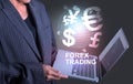 Girl holding laptop world of currency forex trading