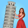 Girl holding Leaning Tower of Pisa pop art raster Royalty Free Stock Photo