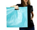 Girl holding a light blue plastic bag. Close up. Isolated background Royalty Free Stock Photo