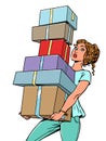 The girl is holding many boxes in her hands. Shopping everywhere, online and offline. Special offers from stores with