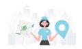 The girl is holding a map. The trendy character is shown to the waist. Vector.