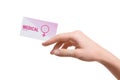 Girl holding medical business card on white, closeup. Women`s health service Royalty Free Stock Photo