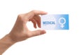 Girl holding medical business card on white, closeup. Women`s health service Royalty Free Stock Photo