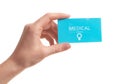 Girl holding medical business card, closeup. Women`s health service Royalty Free Stock Photo