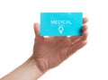 Girl holding medical business card on white, closeup. Women`s health service Royalty Free Stock Photo