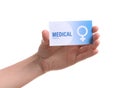 Girl holding medical business card isolated on white. Women`s health service Royalty Free Stock Photo