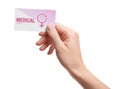 Girl holding medical business card isolated on white. Women`s health service Royalty Free Stock Photo
