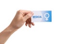 Girl holding medical business card, closeup. Women`s health service Royalty Free Stock Photo