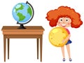 A girl holding moon and earth globe on the desk Royalty Free Stock Photo