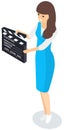 Girl holding movie clapper. Filming starts, clap before new scene, process of film creation