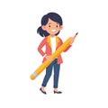Girl holding oversized pencil, education, writing, creative, learning illustration Royalty Free Stock Photo