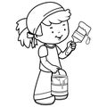 Child painting with a paint brush and holding a paint bucket. Vector black and white coloring page.