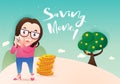 Girl holding piggy bank. Saving money concept. Royalty Free Stock Photo