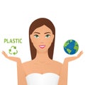 Girl holding planet and a plastic recycling sign say no plastic pollution recycling ecology problem save the earth Royalty Free Stock Photo