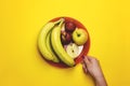 Girl holding a plate of fruit on a color background. The concept of healthy eating, diet