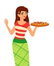 Girl holding plate with tasty pizza.