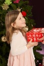 Girl Holding Present In Front Of Christmas Tree Royalty Free Stock Photo