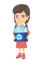 Girl holding recycling bin full of plastic bottles Royalty Free Stock Photo