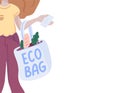 Girl is holding reusable eco bag with lettering quote. Cute female character. Caring for the environment. Shopping without waste. Royalty Free Stock Photo