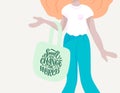 Girl is holding reusable eco bag with lettering quote. Cute female character. Caring for the environment. Shopping without waste. Royalty Free Stock Photo