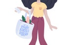 Girl is holding reusable eco bag with lettering quote. Cute female character. Caring for the environment. Shopping Royalty Free Stock Photo