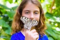 Girl holding Rice Paper butterfly Idea leuconoe Royalty Free Stock Photo