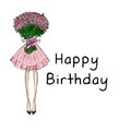 Girl holding roses bouquet with text background - Happy Birthday