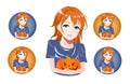 Girl holding a smiling pumpkin in her hands, set of icons. Vector anime characters. Anime girl in japanese. Anime style Royalty Free Stock Photo